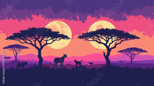 Synthwave savannah — acacia silhouettes lit by twin neon moons, heat haze in gradient bands, palette: burnt orange, neon purple, teal, no people