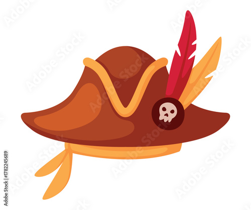 Pirate Hat and Headdress for Corsair with Skull and Feather Vector Illustration
