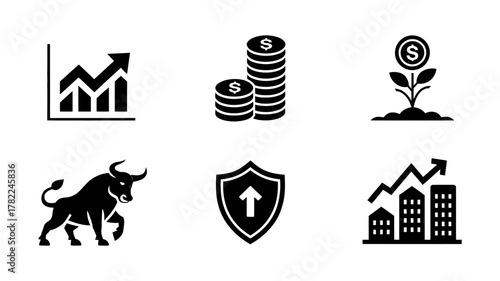 Financial growth and investment icons set: stock market trends, money savings, business expansion, and secure asset management graphics