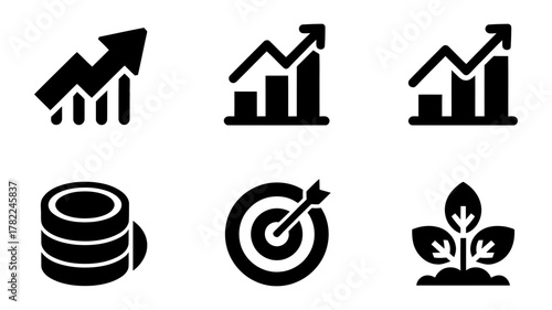 Business and finance icons set featuring growth charts, stacked coins, a target with arrow, and a plant for development concepts