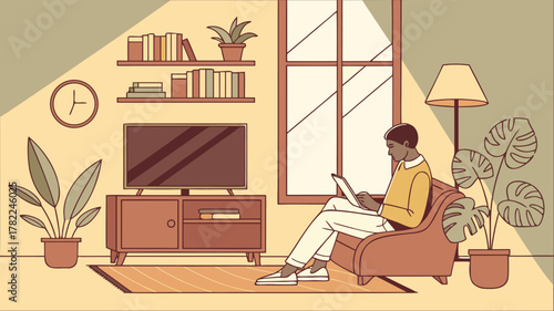 Man relaxing in armchair using tablet in cozy living room