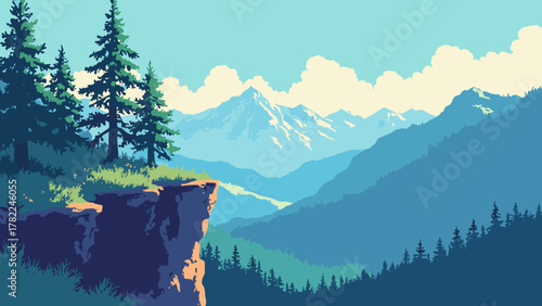 Neon cliffside pines — windblown pines tipped in electric cyan overlooking a glossy valley, palette: cyan, moss, indigo, no people