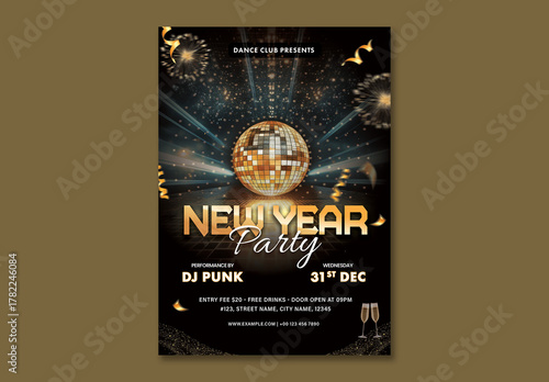 Editable New Year Party Flyer with Event Details in Dark Theme Design.