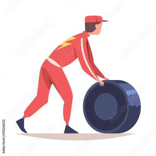 Pit Stop with Man Character Repair Motor Car Change Tires Vector Illustration