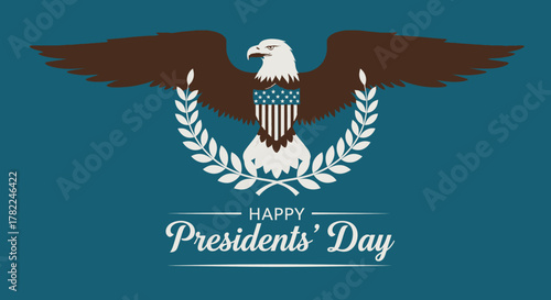 President's Day Greeting with American Eagle and Wreath Ornament on Teal Background