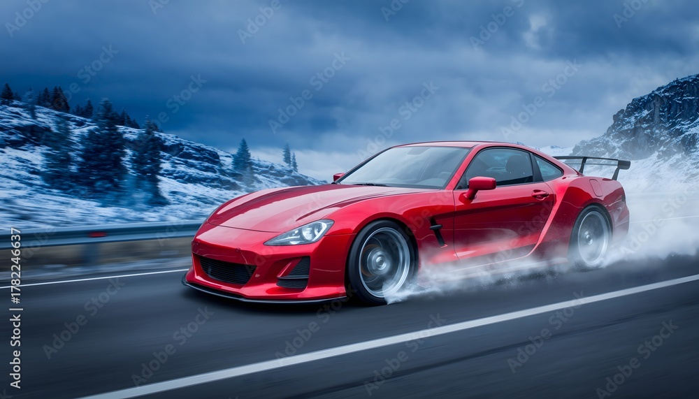 Fototapeta premium Red Sports Car Drifting on Snowy Mountain Road — Winter Driving, Speed Motion Blur, Performance Car Action Scene