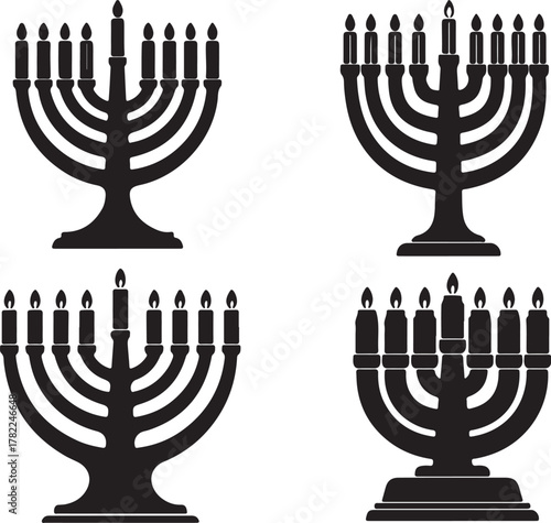 Hanukkah menorah graphic elements in black isolated on white background