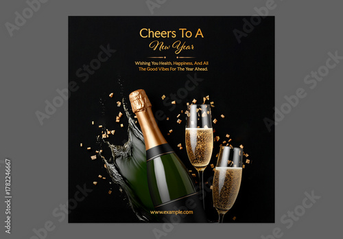New Year Party Social Media Post Template with Champagne Bottle and Glasses on Black Background, Editable Design.