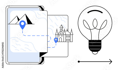 Digital map with mountains, castles marked by location pins, and a glowing light bulb symbolizing innovation. Ideal for travel, exploration, creativity, learning, planning, discovery