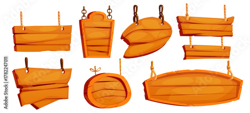 Hanging wooden board sign collection with cartoon plank frames suspended by ropes. and chains Blank signboard set - various shapes wood panels in warm brown colors for game ui or rustic designs.