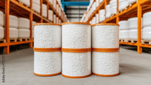 Wide industrial scene of eco-friendly resin pellets stored in transparent silo.