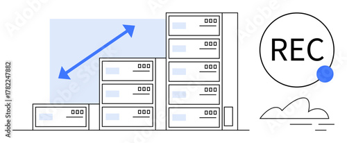 Stacked servers with growth arrow, cloud icon, and REC button concept for scalable storage, cloud technology, backup, speed, innovation, growth and digital management. Ideal for simple flat metaphor