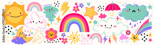 Cute colorful weather icons on white background. Vector cartoon illustration of kawaii style sun, cloud, moon characters with faces, colorful doodle rainbow, flower, rain, lightning, tornado, umbrella