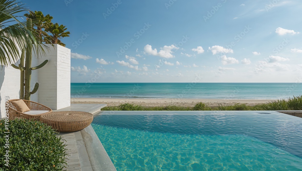 Obraz premium Bali poolside rattan seating beside a cactus against a white block wall, relaxation setting