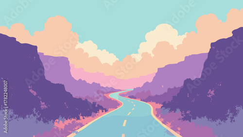Vaporwave canyon road — ribbon road winding between pastel mesas and vapor clouds, palette: peach, lavender, teal, no people