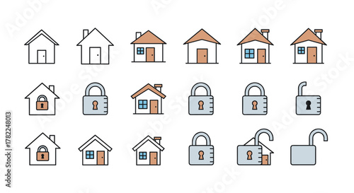 Set of icons representing houses and locks, symbolizing security, safety, and protection. This collection includes various house designs and lock symbols, both locked and unlocked, suitable for web
