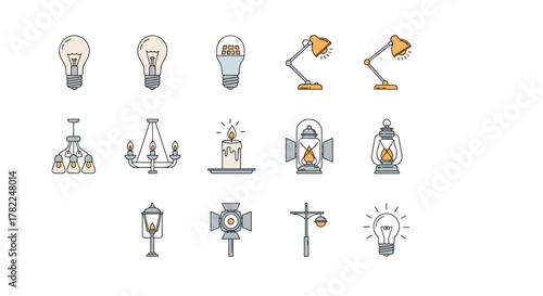 Collection of flat line icons representing various light sources and lamps, including incandescent bulbs, LED bulbs, desk lamps, chandeliers, candles, lanterns, street lamps, and spotlights