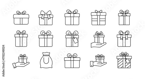 Collection of simple linear outline gift and present icons with bows, including gift boxes held in hands and a gift bag, perfect for web, books, cards, and apps, featuring editable strokes and a