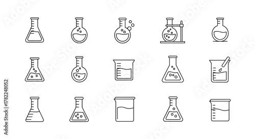 Set of minimalistic line icons representing various laboratory flasks and beakers, perfect for web design, graphic design, apps, banners, social networks, and cards. This vector cartoon illustration