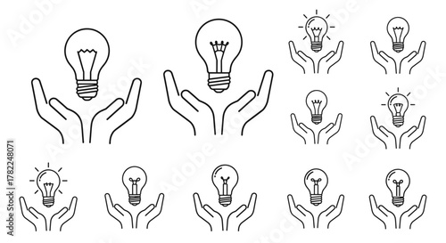 Set of outline linear icons featuring a light bulb held over open hands, symbolizing ideas, innovation, and creativity. This collection includes various styles of light bulbs and hand gestures