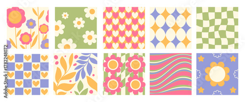 Daisy retro y2k seamless pattern collection with flower groovy backgrounds - floral motifs and hearts, checkered tiles and wavy stripes in pastel colors. Nostalgic 2000s textures for textile design