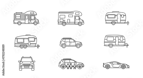 A collection of thin line icons depicting various vehicles, including motorhomes, travel trailers, SUVs, and a sports car, presented as outline signs suitable for graphic and web design, app