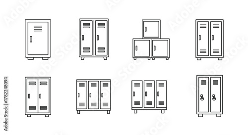 Collection of simple linear outline illustrations of lockers, perfect for web, books, cards, and apps. Editable stroke vector cartoon illustrations featuring various locker configurations, including