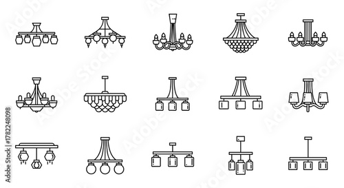 Collection of minimalistic outline icons representing various chandeliers and lustres, perfect for web and graphic design, apps, banners, social networks, and cards. This vector cartoon illustration
