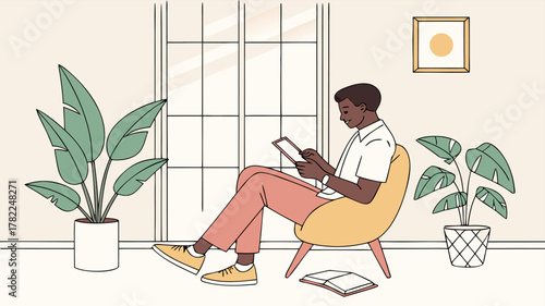 Man relaxing indoors using tablet computer next to plants and window