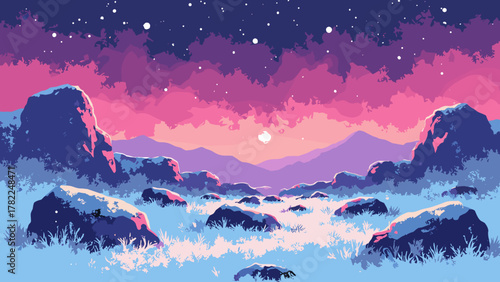 Neon tundra stones — scattered boulders rim-lit in electric hues with frost crystals glinting, palette: electric pink, ice blue, graphite, no people