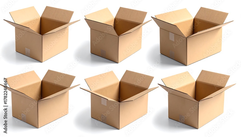 Fototapeta premium Six empty, open cardboard boxes arranged in two rows, offering different perspectives on their interior. Each rests on a white background