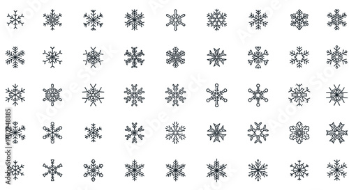 Collection of minimalistic linear snowflake icons with editable stroke, perfect for designing cards, apps, banners, and social media posts, offering a clean and modern aesthetic for winter-themed