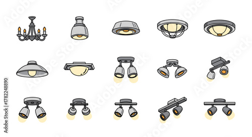 Collection of diverse ceiling lamp icons, including chandeliers, pendant lights, flush mounts, and track lighting, presented in a clean, cartoon vector style on a white background, perfect for web
