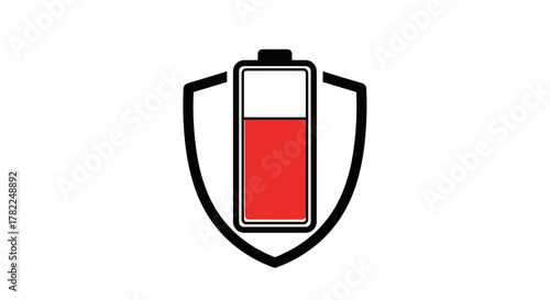 A stylized vector illustration featuring a battery icon with a red charge level, enclosed within a protective shield outline, symbolizing power, energy, and security. This graphic is ideal for