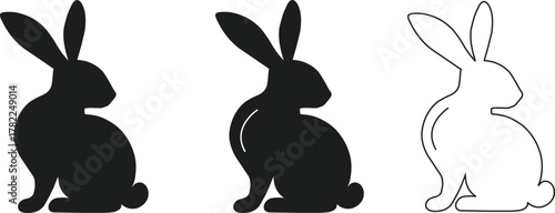 Black Rabbit Silhouette Icon Set with long ears looking to the left carefully.