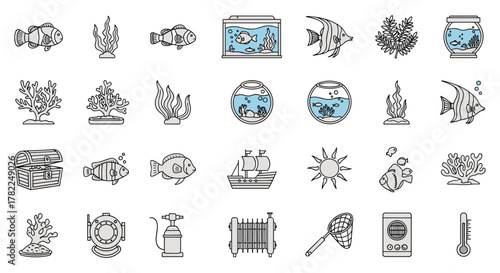 Collection of vector cartoon illustrations depicting various aquarium elements and underwater life, including fish, coral, seaweed, treasure chests, ships, and diving equipment, presented as a clean