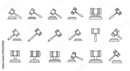 Collection of judicial gavel outline signs, perfect for infographics, articles, books, flyers, and banners. This vector cartoon illustration features editable strokes and represents law, justice, and