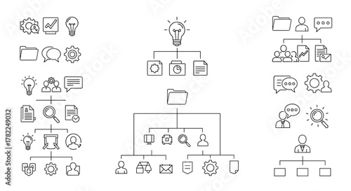 Collection of thin line icons representing a mind map or hierarchy, suitable for web, books, cards, and apps, featuring elements like gears, charts, lightbulbs, folders, people, documents, search