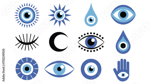 Collection of vibrant evil eye symbols, perfect for protection, good luck, and spiritual designs, adding a touch of mystical charm to any project, ready for commercial use