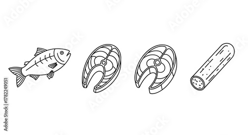 Minimalistic line art vector illustration of a whole fish, two salmon steaks, and a sausage, presented on a clean white background, perfect for web design, graphic design, app icons, banners, social