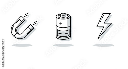 Set of three simple line icons representing magnetism, battery power, and lightning, perfect for graphic and web design, apps, adverts, and various cards. This vector cartoon illustration features