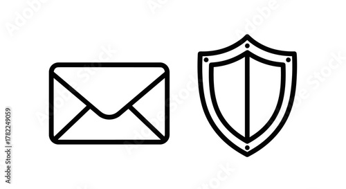 Secure communication concept: A clean, modern vector illustration featuring a stylized envelope icon and a shield icon side-by-side, symbolizing secure mail, data protection, and privacy. This
