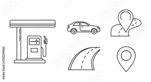 Collection of simple linear outline icons representing travel and transportation elements: a gas station with a pump, a car, a winding road with a map pin, and a standalone map pin. These editable