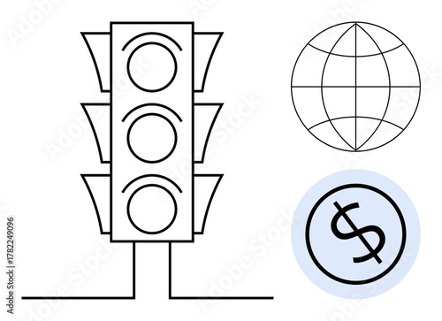Traffic light representing decisions, globe symbolizing worldwide perspective, dollar sign for finance. Ideal for global economy, regulation, management, trade, compliance, money flow decisions