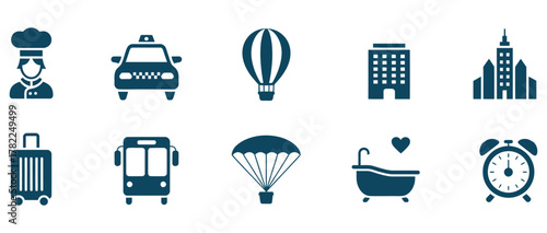 Discover essential icons for travel, business, and lifestyle, featuring a chef, taxi, hot air balloon, buildings, suitcase, bus, parachute, bathtub, and alarm clock, perfect for modern design projects