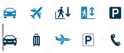 Modern vector icons representing transportation, travel, and essential services like parking and communication, perfect for websites, apps, and informational graphics.
