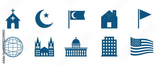 Collection of diverse building and national symbols icons representing faith, community, and global representation, perfect for conceptual design projects.