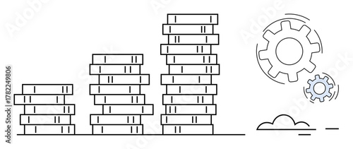 Stacks of coins increasing in height with two gears in motion. Ideal for finance, investment, growth, automation, business strategy, wealth management, savings. A simple flat metaphor