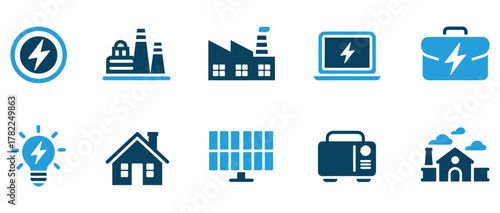Modern energy and industry icons including lightning bolt, factories, laptop, briefcase, lightbulb, house, solar panel, and generator symbolizing power and innovation for business