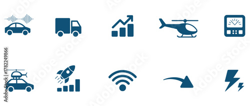 Diverse collection of modern iconography symbolizing transportation, growth, technology, and energy for dynamic presentations and digital applications